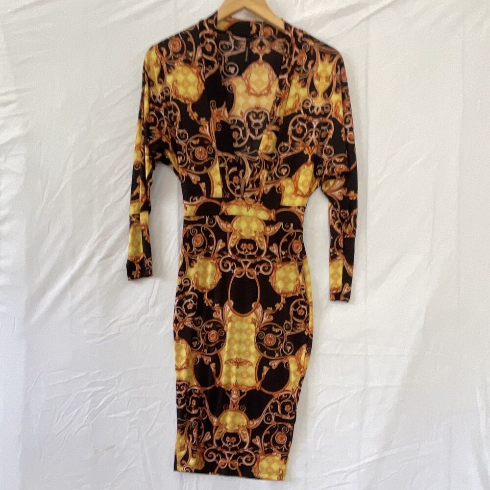 Good time USA-  Women’s Black/Gold Baroque V-Neck Sheath Knit Stretch Dress S